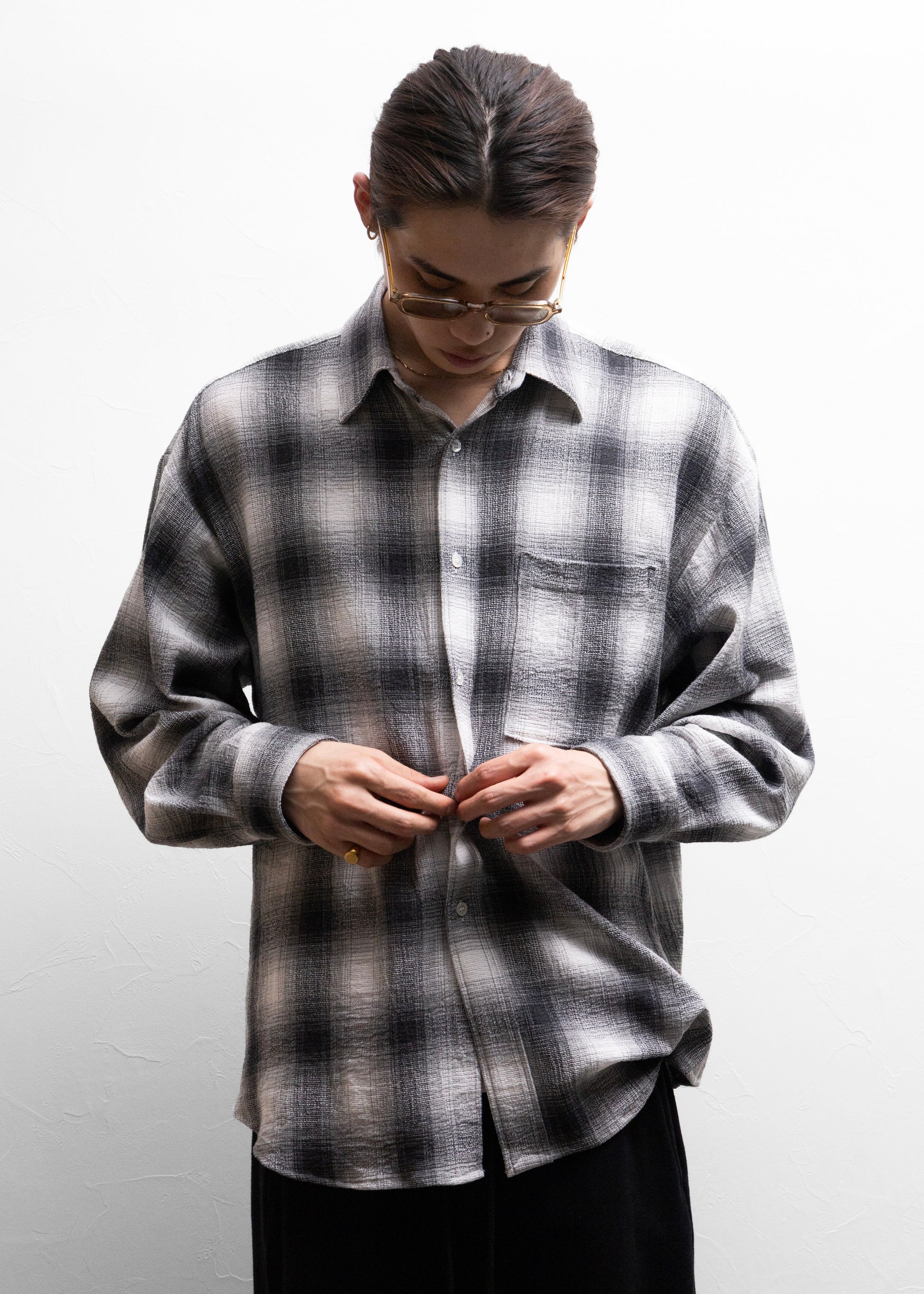 ROTOL Dry Ombre Wide Shirt ロトル オンブレチェックシャツ 正面 着用モデル 180cm SIZE2