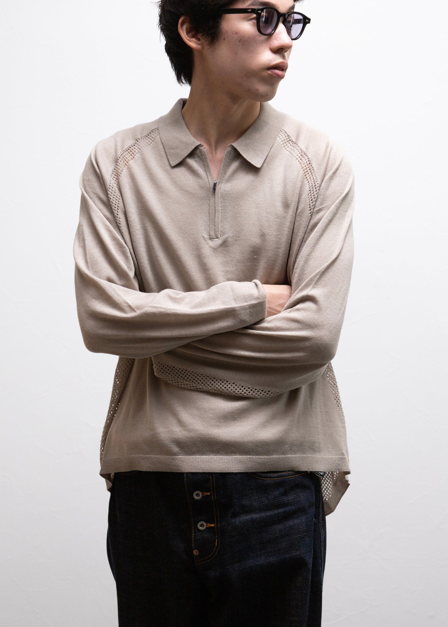 [bal original] VENTILATION MESH KNIT ZIP POLO LS