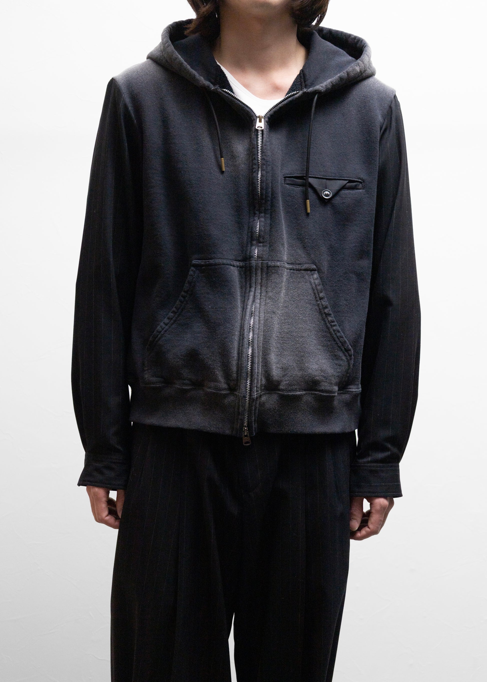 KHOKI Combination Zip Hoodie BLACK スウェット ジップパーカー 正面 着用 175cm