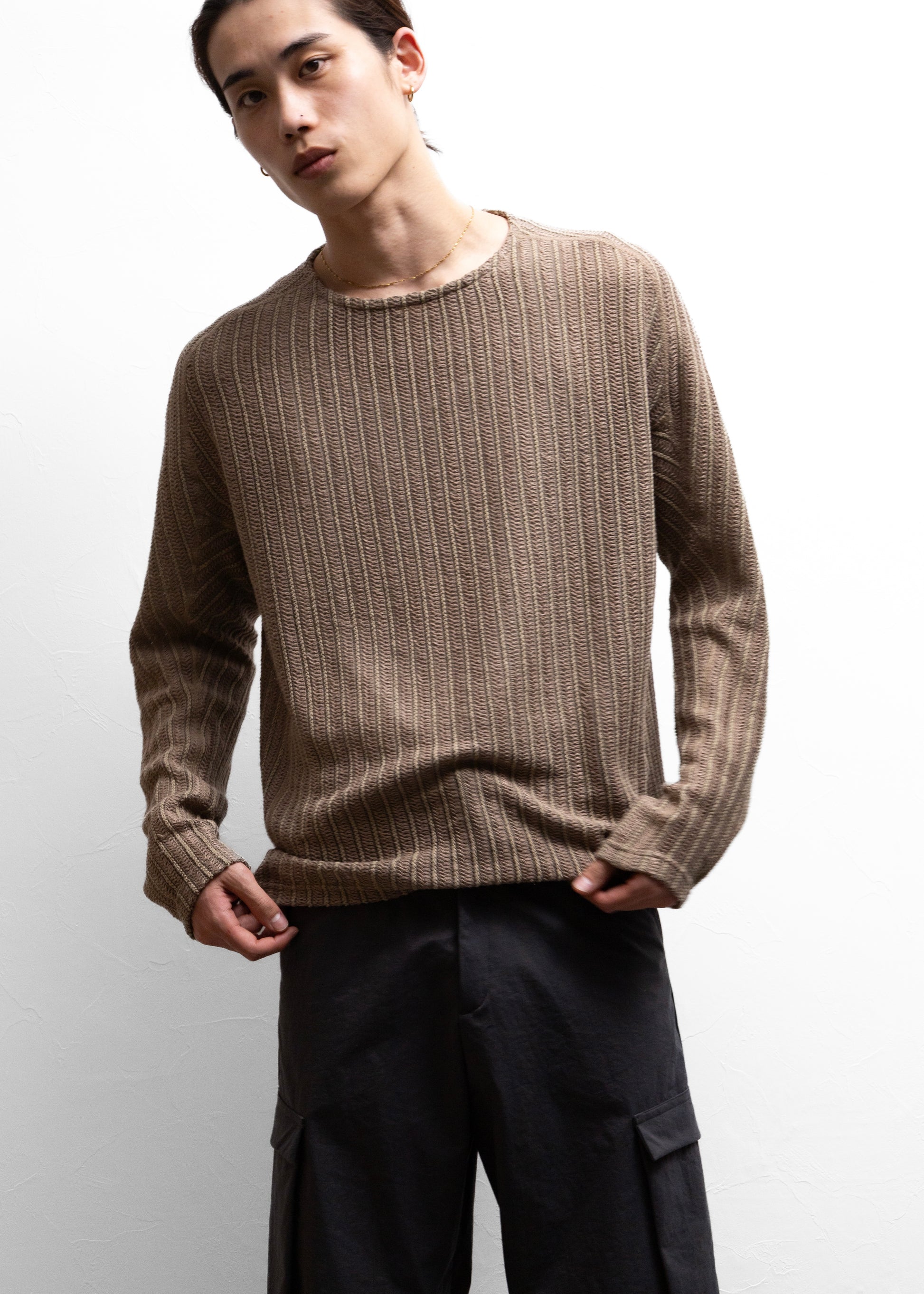 OPPOSE DUALITY Long Sleeve T-shirts Wave ロンT メッシュ ベージュ  正面 着用モデル SIZE 46