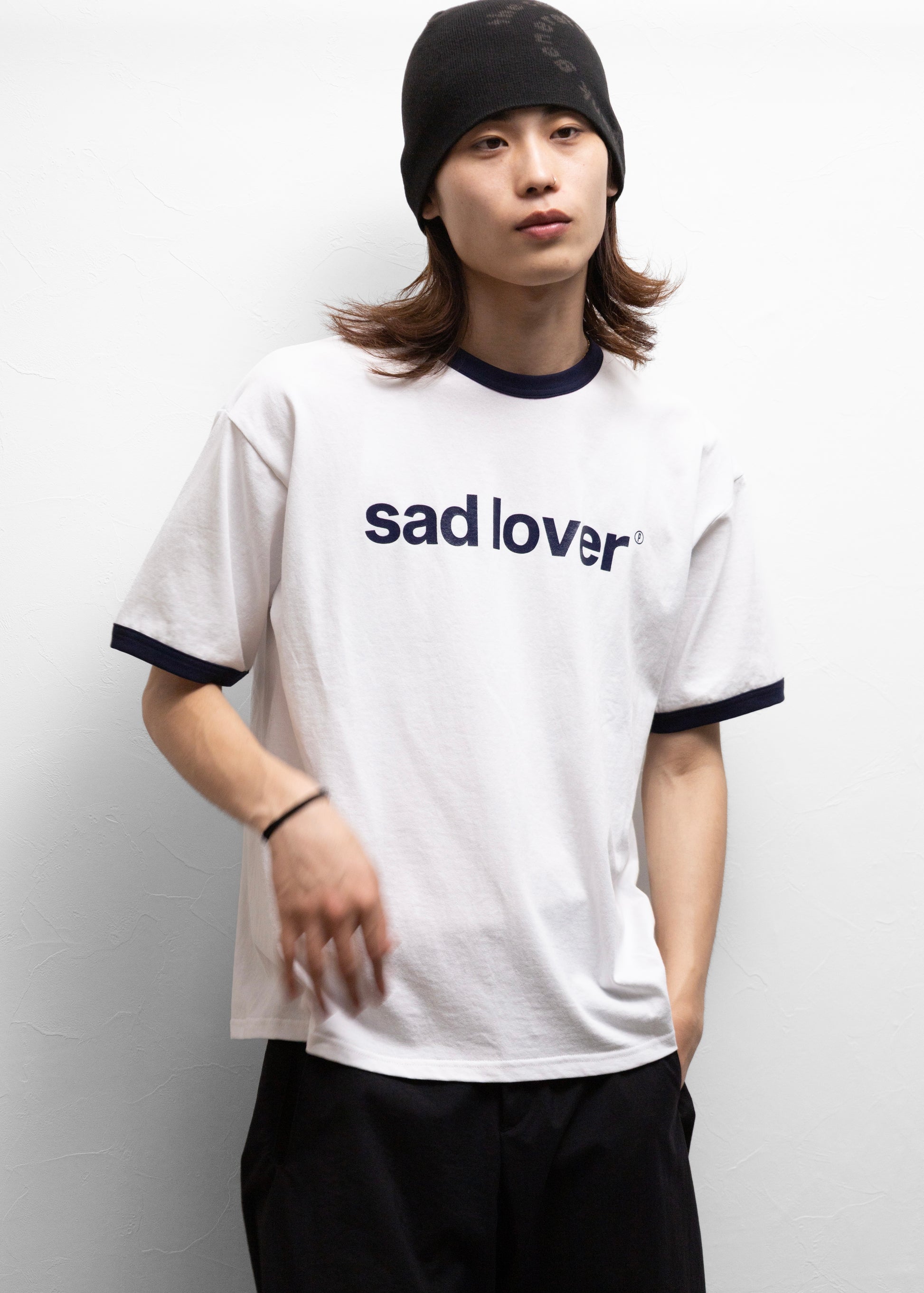 CABARET POVAL Sad Lover Ringer Tシャツ リンガー ネイビー 正面 着用モデル 180cm SIZE M