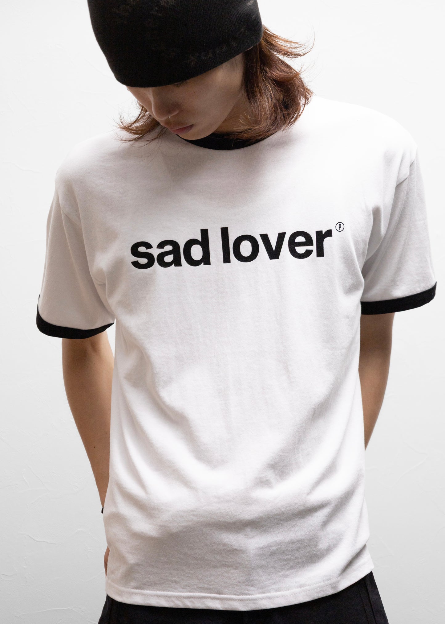 CABARET POVAL Sad Lover Ringer Tシャツ リンガー ネイビー 正面 着用モデル 180cm SIZE M