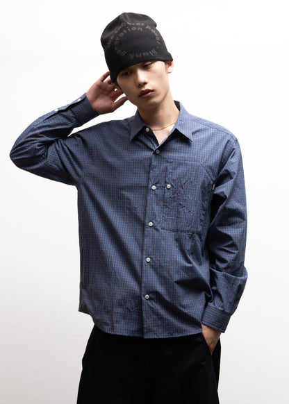 CABARET POVAL IP Plaid L/S Shirtチェックシャツ ブルー 正面　着用モデル SIZE L