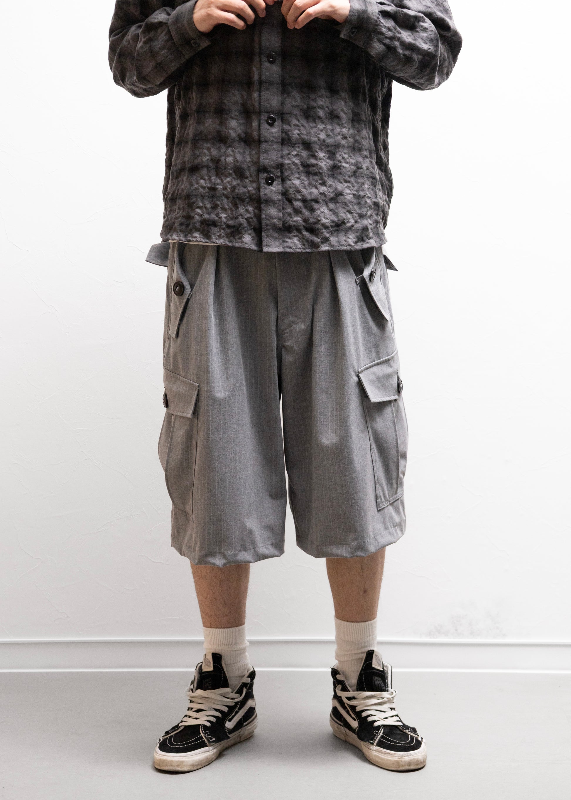 Laid.b Relax Banker’s Cargo カーゴ ショーツ ストライプ グレー 正面 着用モデル180cm SIZE1
